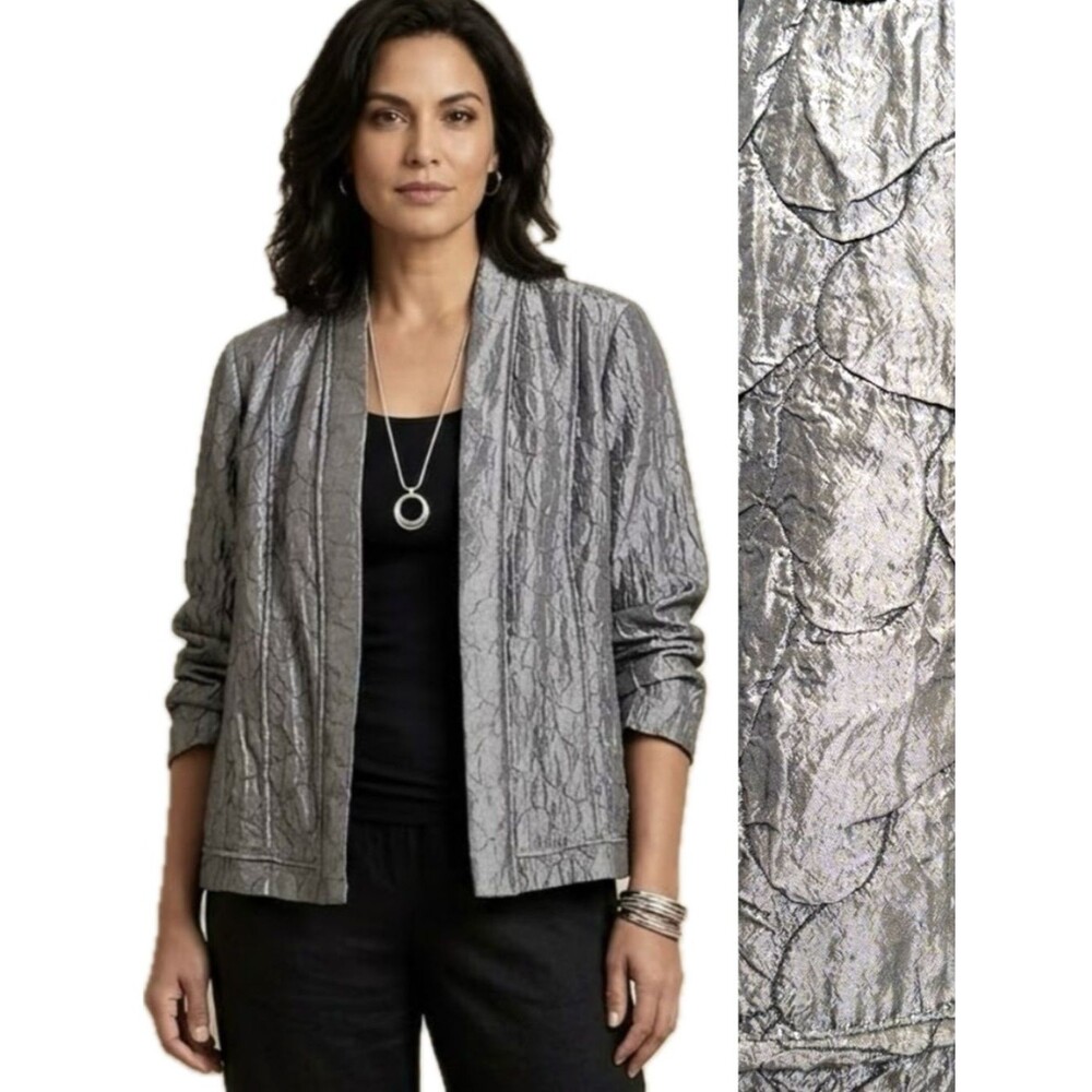 Chico's Crinkled Quilted Open Front Blazer Womens Size 3 XL Silver Grey Jacket